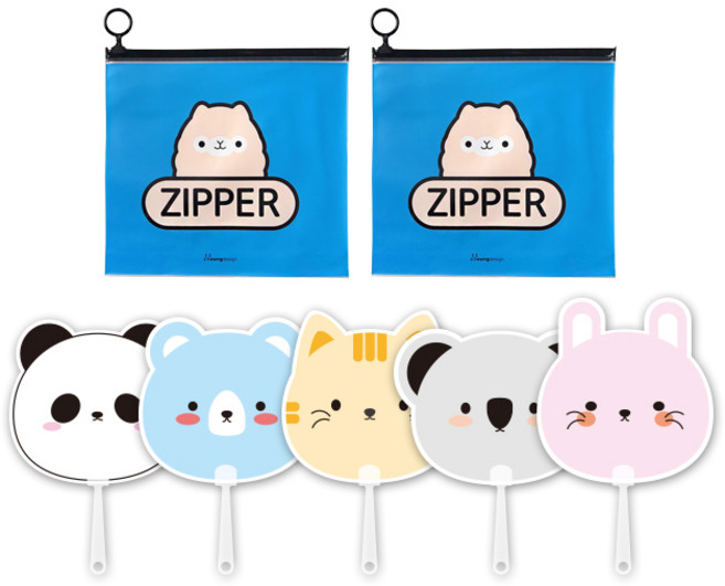 애니멀 프랜즈 부채 5p + 애니멀 지퍼백 미디움 2p 세트, 블루(지퍼백), 랜덤발송(부채), 1세트
