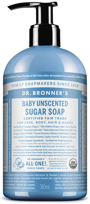 [비건뷰티] 닥터브로너스 베이비 언센티드 슈가 솝, 360ml, 1개 - 쿠팡