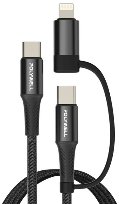 POLYWELL 寶利威爾 USB-C-C + Lightning PD編織快充線, 1m, PW15-W45-M660, 1條