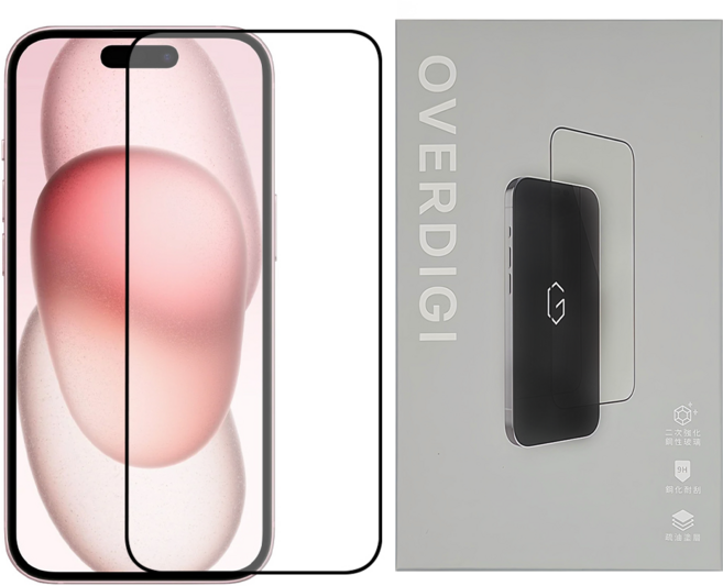 OVERDIGI 強化玻璃螢幕保護貼 for iPhone 15 / 15 Pro 9H硬度 耐刮 疏油疏水 透明、黑色邊框