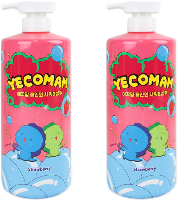 예꼬맘 어린이 대용량 3in1 올인원 바스앤샴푸 딸기, 1L, 2개