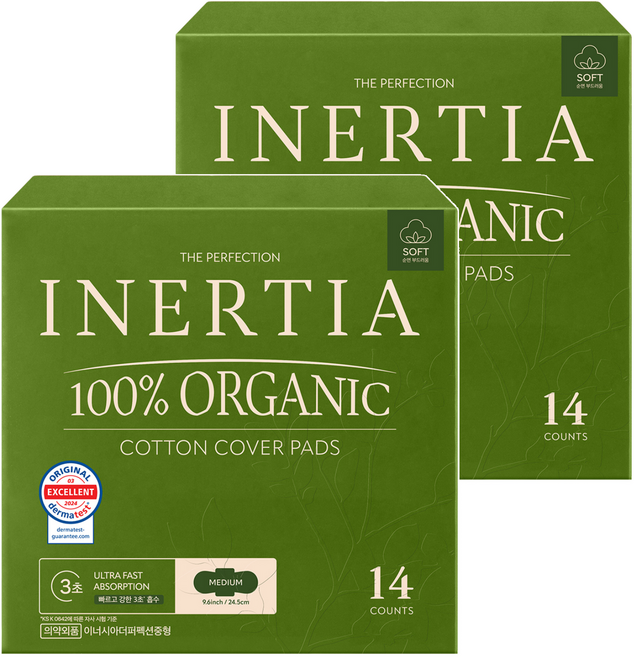 이너시아 더 퍼펙션 유기농 생리대 날개형, 중형, 14개입, 2개