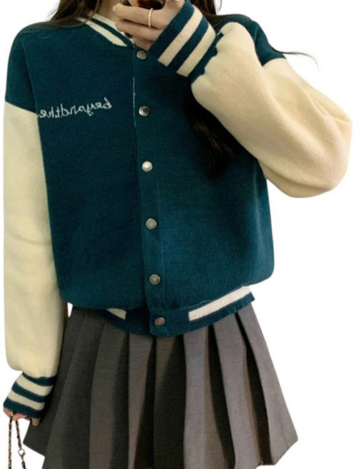 女款 圓領撞色字母拼接短版外套