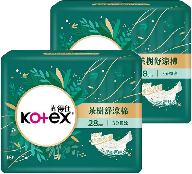 Kotex 靠得住 茶樹舒涼 涼感衛生棉 3分微涼 護翼型, 夜用一般型 28cm, 16片, 2包