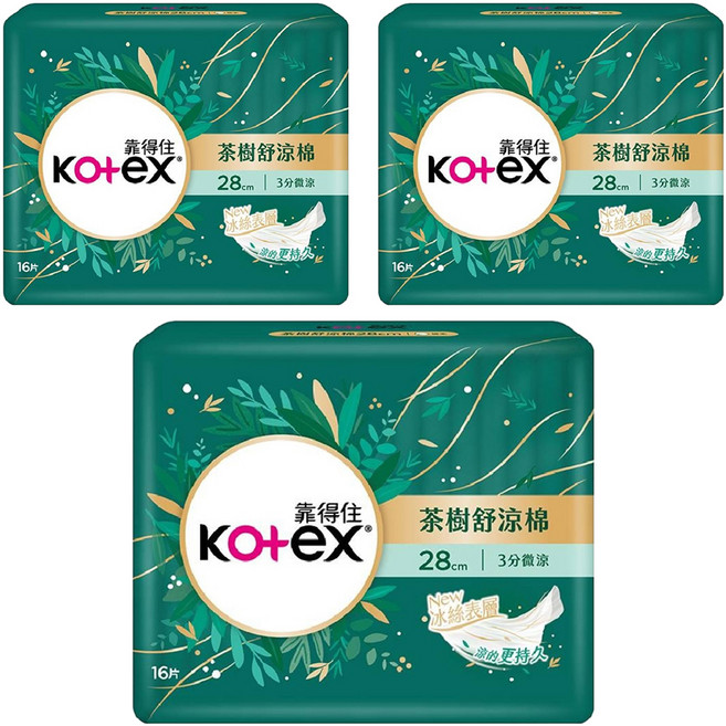 Kotex 靠得住 茶樹舒涼 涼感衛生棉 3分微涼 護翼型, 夜用一般型 28cm, 16片, 3包