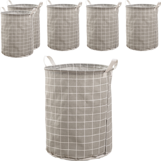 棉麻兒童收納籃, 灰格子款, 6個