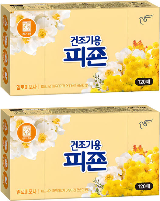 피죤 건조기용 오리지널 드라이시트 섬유유연제 옐로미모사 본품, 120매입, 2개