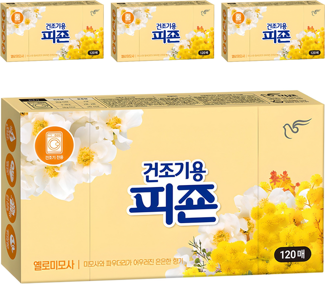 피죤 건조기용 오리지널 드라이시트 섬유유연제 옐로미모사 본품, 120매입, 4개