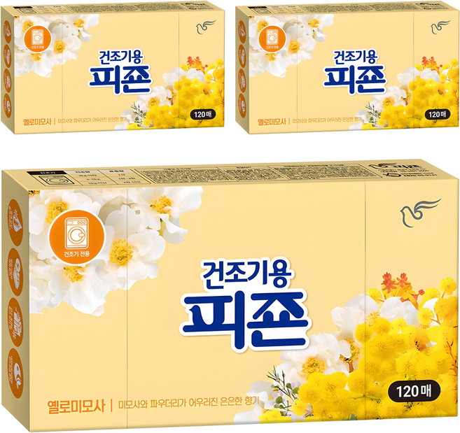 피죤 건조기용 오리지널 드라이시트 섬유유연제 옐로미모사 본품, 120매입, 3개