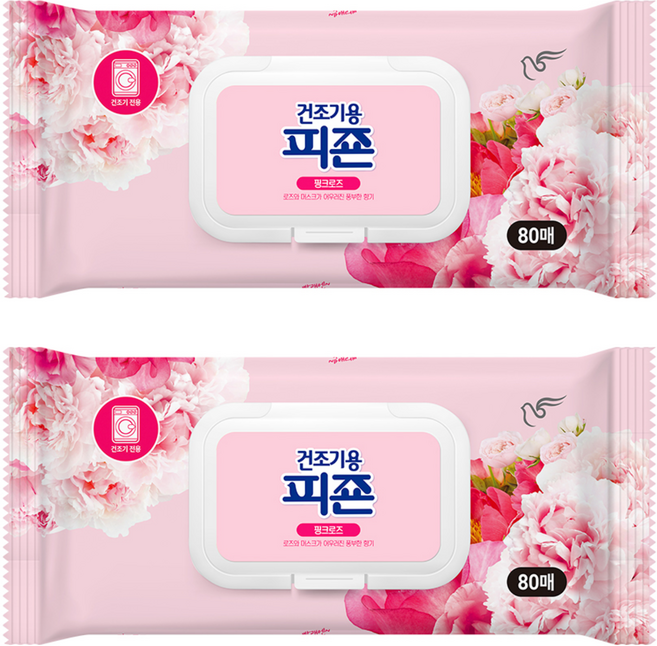 피죤 건조기용 오리지널 드라이시트 섬유유연제 핑크로즈 본품, 80매, 2개