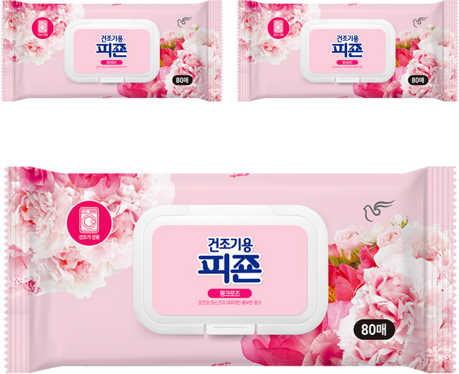 피죤 건조기용 오리지널 드라이시트 섬유유연제 핑크로즈 본품, 80매, 3개