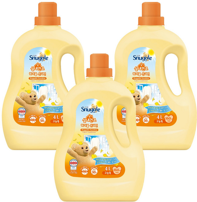 스너글 실내건조 섬유유연제 허거블 선샤인 본품, 4L, 3개