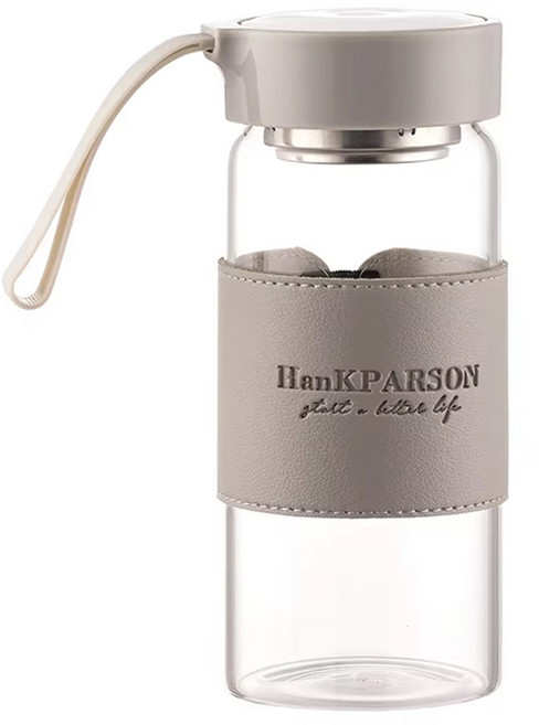 HanKPARSON BOTTLE 玻璃皮套 耐熱水杯 附茶隔, 灰色, 480ml, 1個