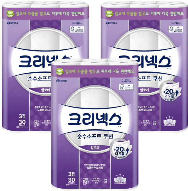 크리넥스 순수소프트 쿠션 알로에 화장지, 27m, 30개입, 3개