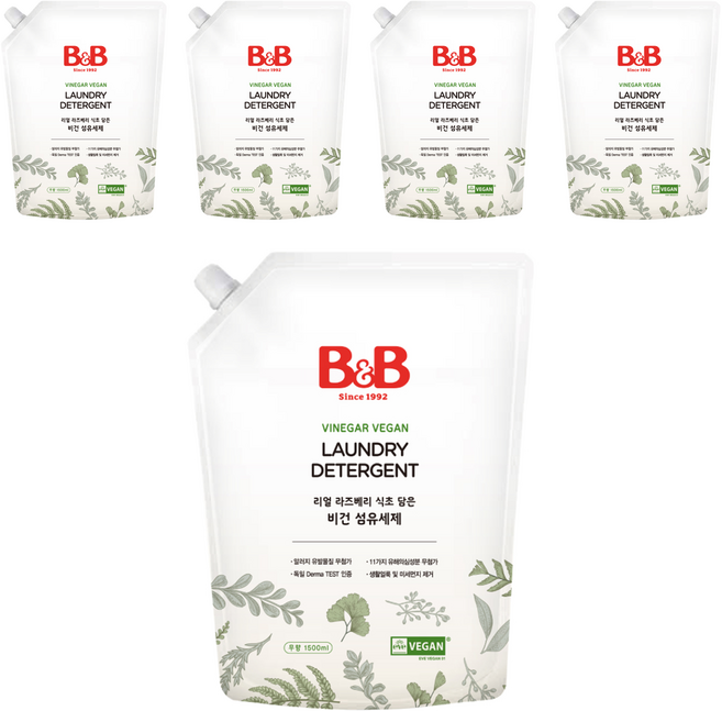 비앤비 리얼 라즈베리 식초 담은 비건 섬유세제 무향 리필, 1.5L, 5개