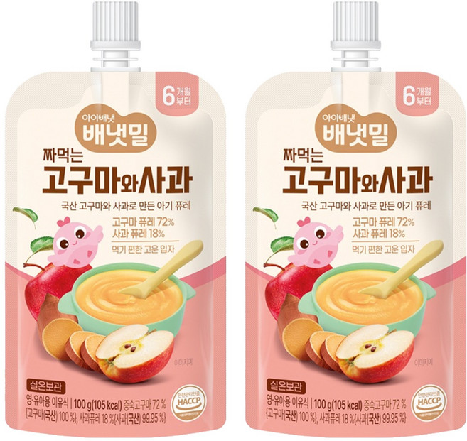 배냇밀 짜먹는 이유식, 혼합맛(고구마/사과), 100g, 2개