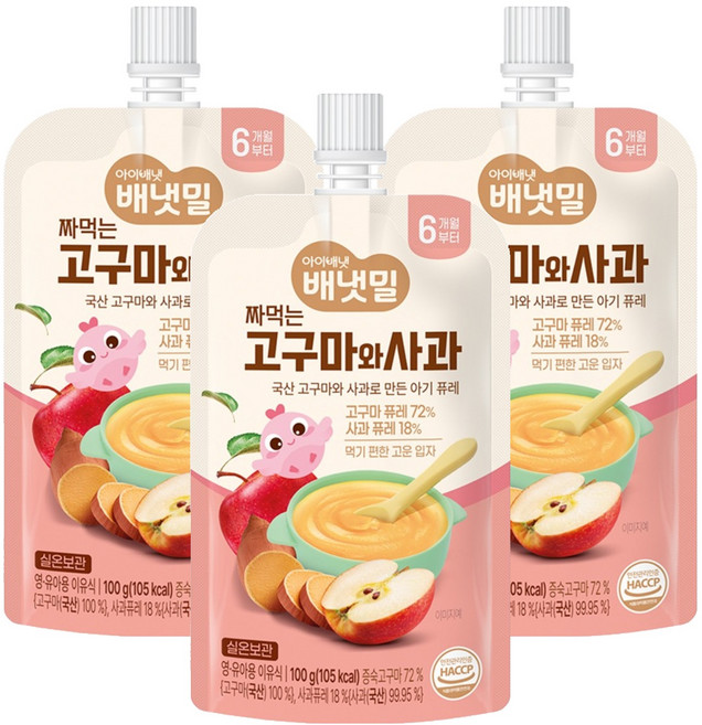 배냇밀 짜먹는 이유식, 혼합맛(고구마/사과), 100g, 3개