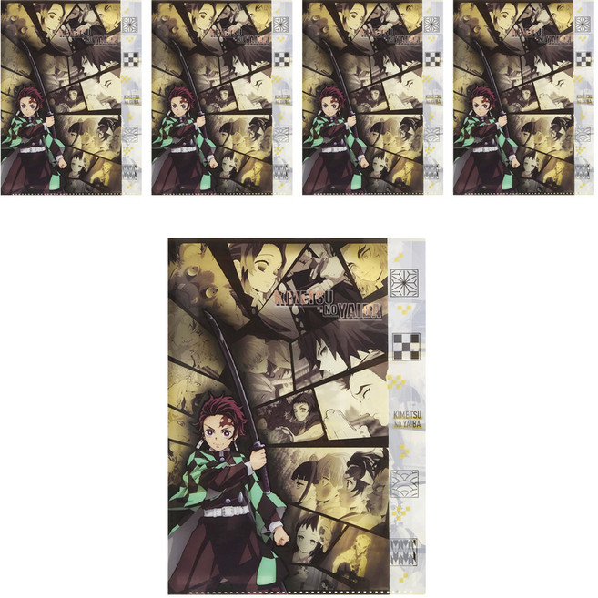 sun-star 日本進口 鬼滅之刃5夾層L型資料夾 A4, 炭治郎 黃色 + 灰色, 5個