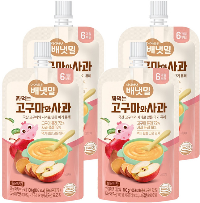배냇밀 짜먹는 이유식, 혼합맛(고구마/사과), 100g, 4개