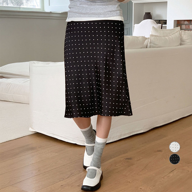 아피나르 여성용 풀밴딩 폴카 도트 글로우 새틴 플레어 미디 스커트