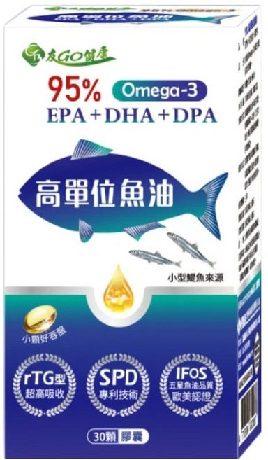 友GO健康 95%Omega 3 高單位魚油 EPA + DHA + DPA, 30顆, 700mg, 1盒
