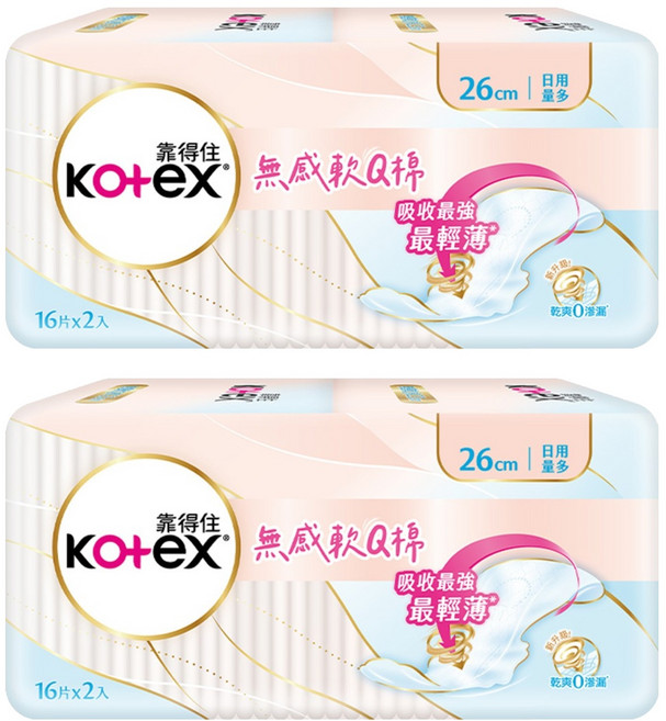 Kotex 靠得住 無感軟Q棉衛生棉 護翼型 日用, 26cm, 32片, 2組