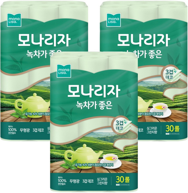 모나리자 녹차가 좋은 천연펄프 3겹 고급롤화장지, 30m, 30롤, 3개