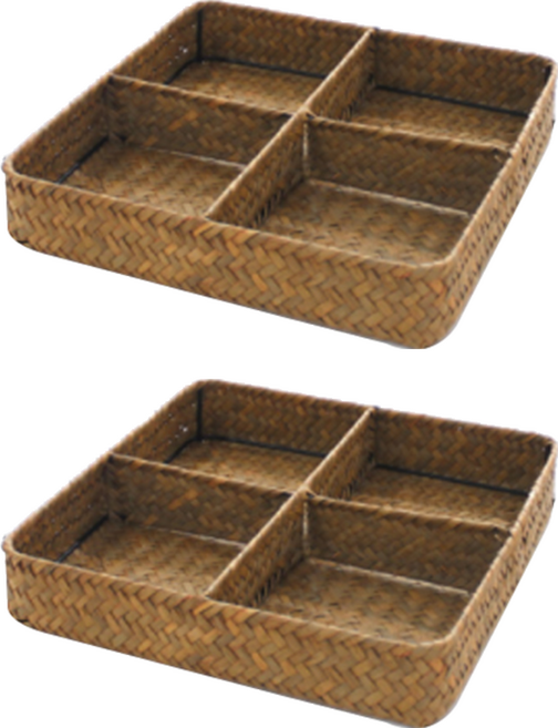 내일의공간 4칸 분리형 수납 라탄 바구니, 네츄럴, 2개