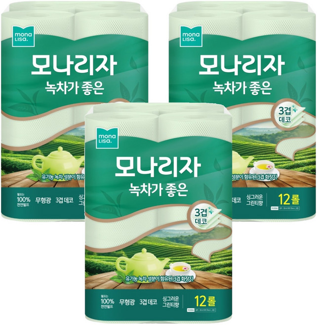 모나리자 녹차가 좋은 천연펄프 3겹 고급롤화장지, 30m, 12롤, 3개