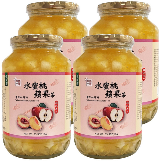 韓味不二 水蜜桃蘋果茶 果醬, 1kg, 1入, 4罐