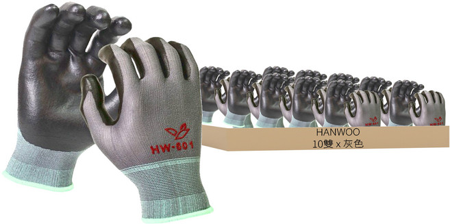 HANWOO 丁腈橡膠塗層工作手套 HW-601, 灰色 + 黑色, 10雙
