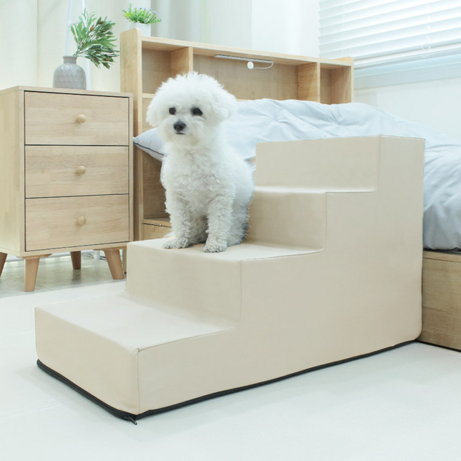 딩동펫 반려동물 바이엘 가죽 방수 논슬립 계단 4단, 베이지, 1개