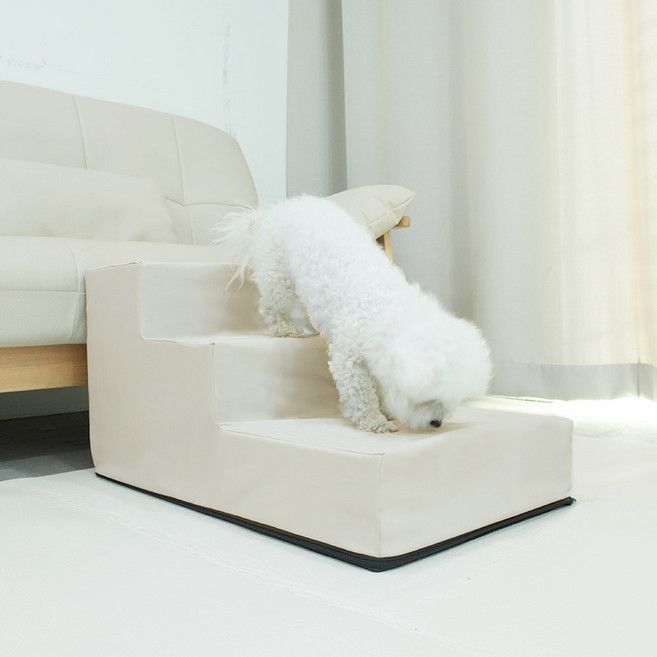 딩동펫 반려동물 바이엘 가죽 방수 논슬립 계단 3단, 베이지, 1개
