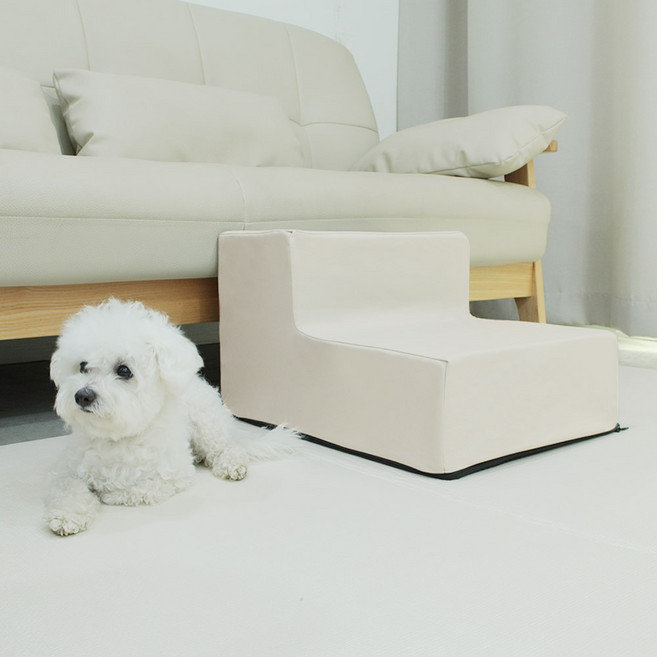 딩동펫 반려동물 바이엘 가죽 방수 논슬립 계단 2단, 베이지, 1개