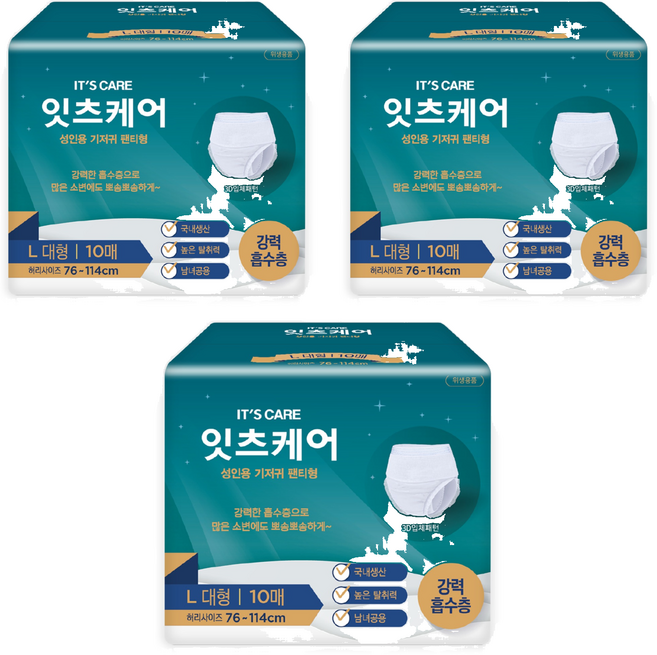 잇츠케어 남녀공용 성인기저귀 팬티형, 대형, 10개입, 3개