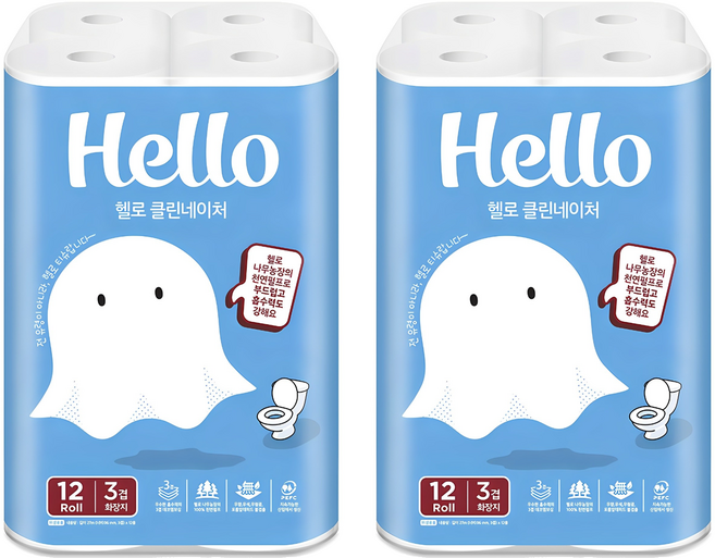 헬로 클린네이처 천연펄프 3겹 고급롤화장지, 27m, 12롤, 2개