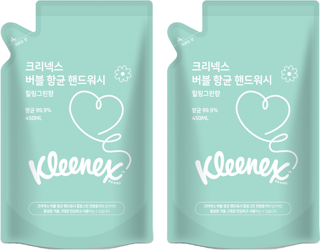 크리넥스 버블 항균 핸드워시 힐링그린향 리필, 450ml, 2개
