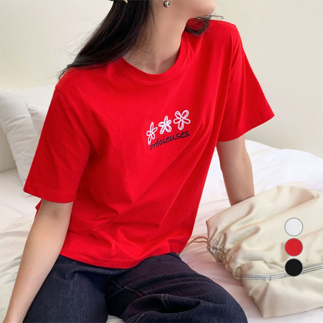 아피나르 여성용 Précieux 통기성 베이직 라운드넥 자수 그래픽 반팔 티셔츠