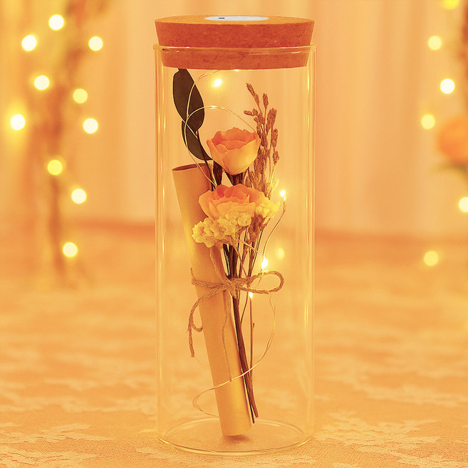 생활의지혜 LED 유리병 말린 꽃다발 편지지 세트, 연핑크, 1개