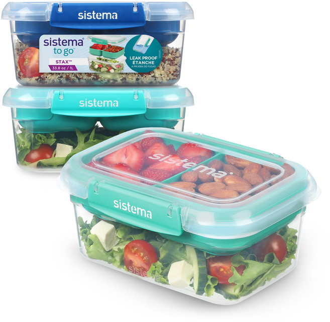 Sistema 시스테마 To Go 모듈러 분리형 2단 런치박스 도시락통 밀폐용기 3개입 세트, 1세트, 민티틸(2)+오션블루(1), 1L