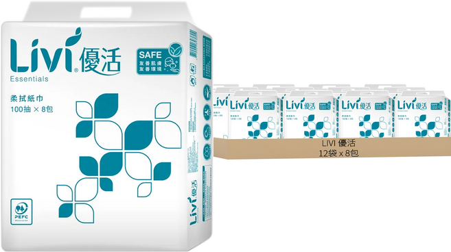 LIVI 優活 抽取式柔拭紙 100抽 x 8包 紙張細膩柔滑 高效吸水性, 12袋