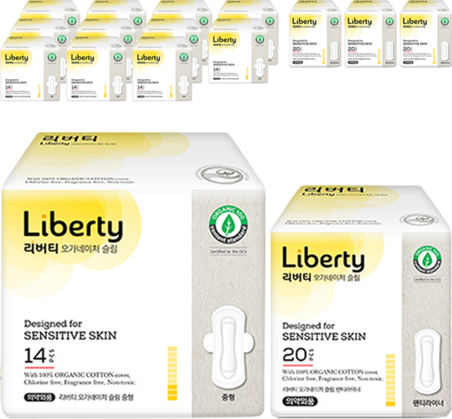 리버티오가네이처 순면커버 슬림 생리대 날개형 중형 14p x 3p + 롱라이너 20p, 4세트