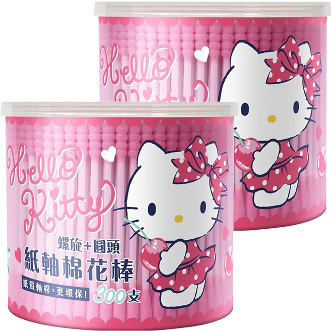 Hello Kitty 凱蒂貓 螺旋 + 圓頭紙軸棉花棒, 300支, 2罐