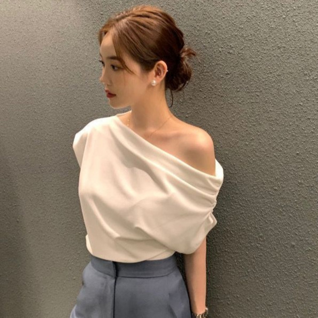 더플로우커머스 여성용 비대칭 원숄더 루즈핏 오프숄더 반팔 티셔츠