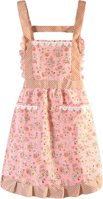 AHOYE 可愛公主工作圍裙 花卉圖案 防水棉質 裙型設計 雙口袋收納, 粉色, 1件