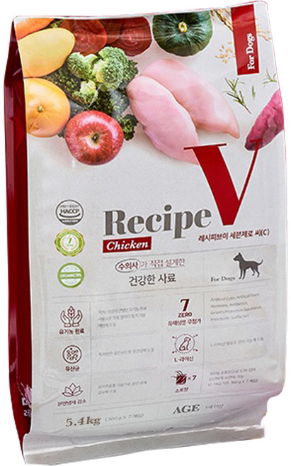 유한양행레시피브이 1세 이상 강아지 세븐제로 건식사료, 닭, 5.4kg, 1개