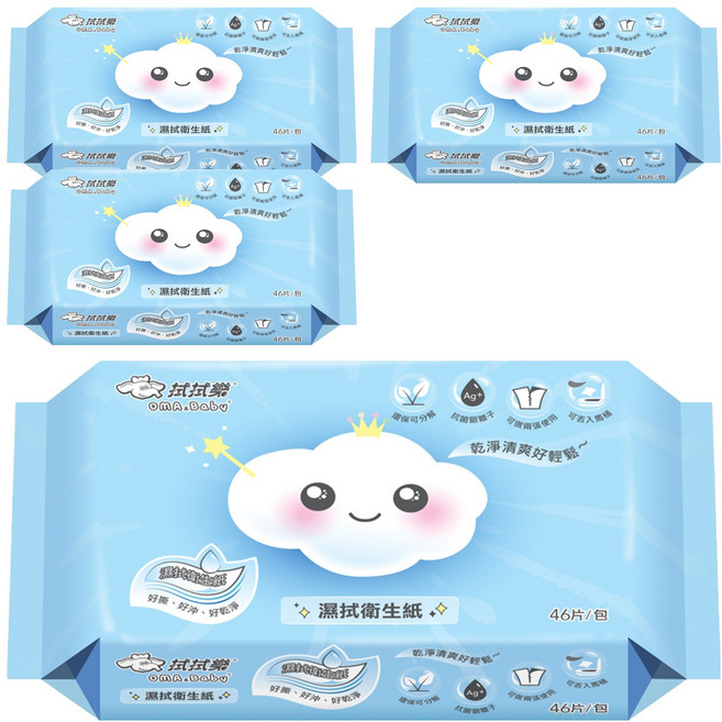 OMA&Baby 拭拭樂 濕拭衛生紙 15 x 19cm 含抗菌銀離子Ag+ 可水分解, 1入, 4包