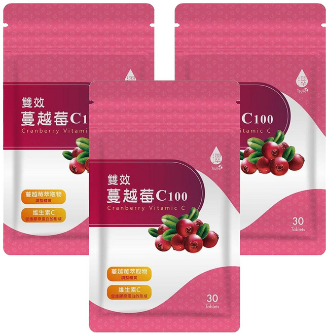 Tsuie 日濢 雙效蔓越莓 C100, 750mg, 30顆, 3包