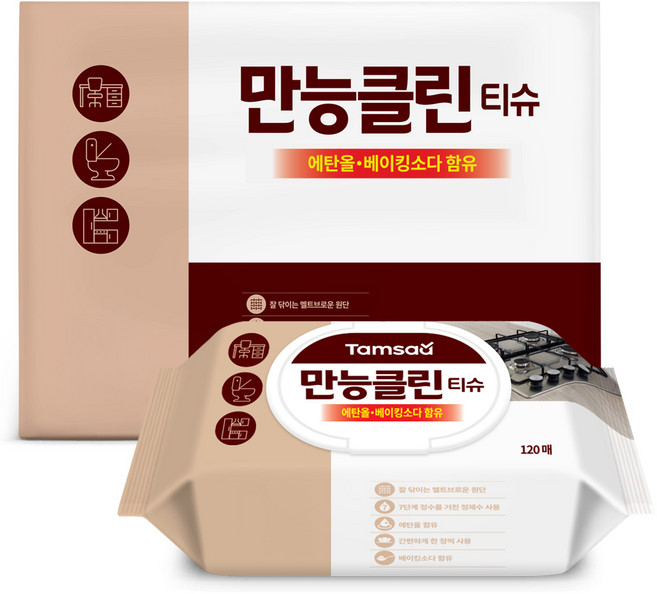 탐사 자국없이 깔끔세정 만능클린 티슈 120매 MB원단 에탄올 함유, 4세트