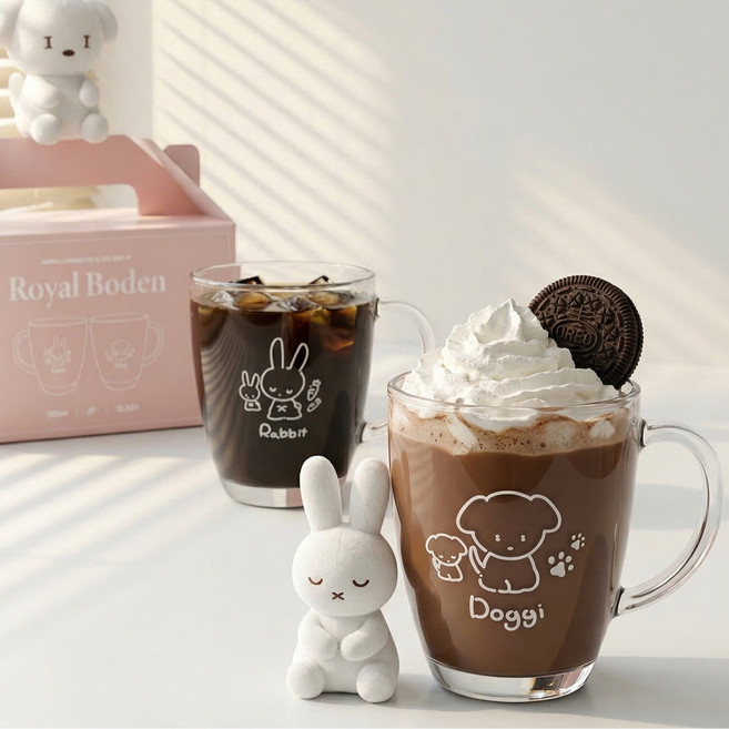로얄보덴 캐릭터 유리 머그컵 350ml x 2종 세트, 투명, 1세트